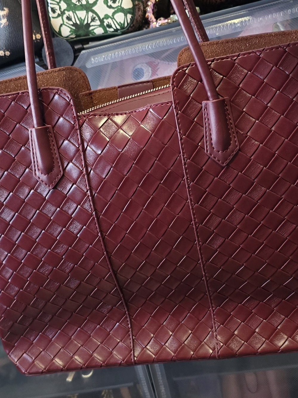 Woven Leather Tote Bag - Burgundy - Picture 3 of 6